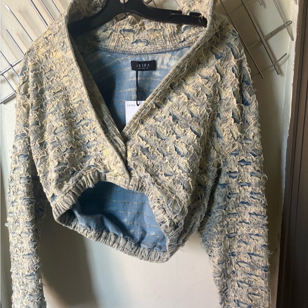 AKIRA Blue and Cream Textured Cropped Jacket